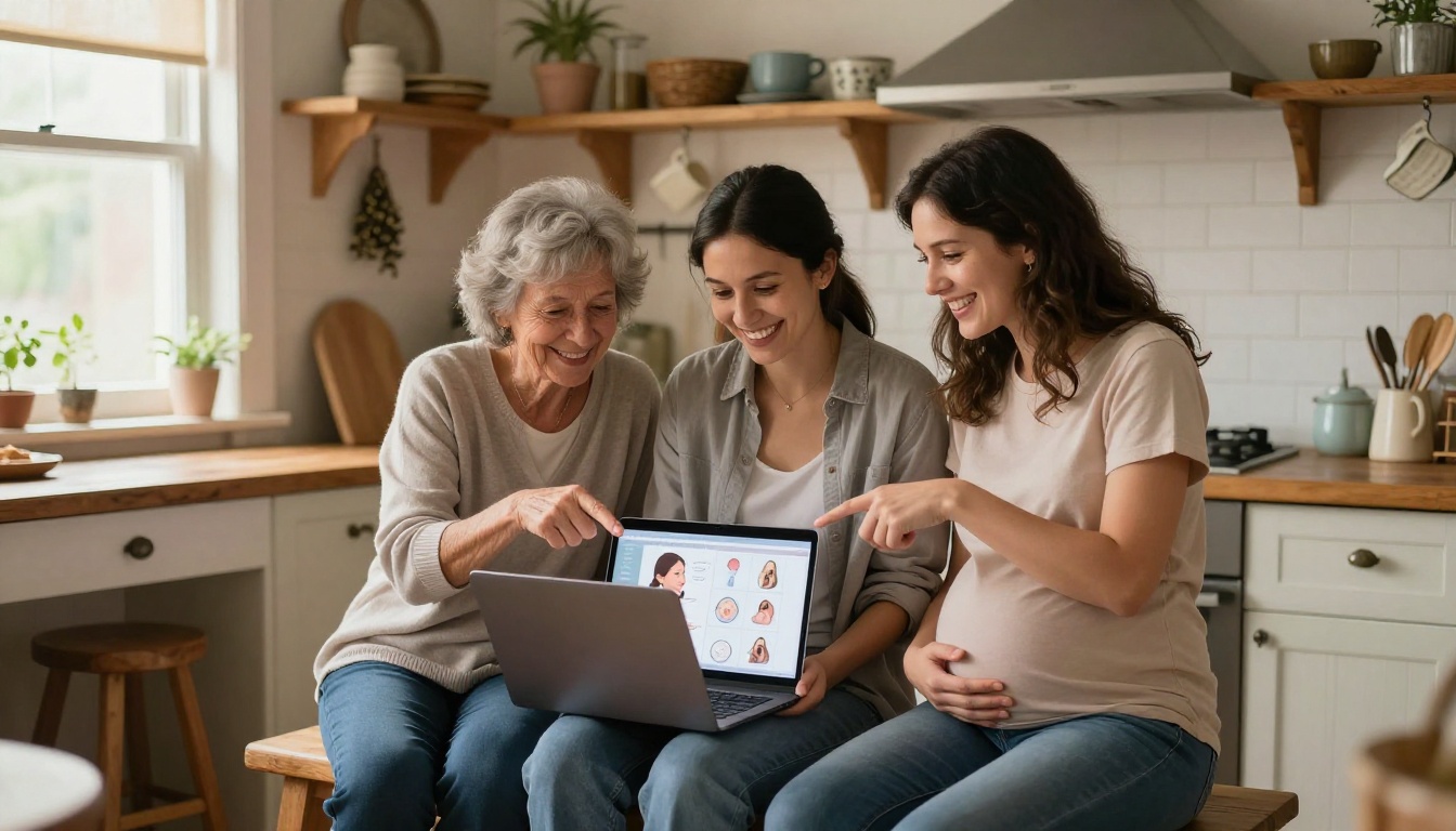 Three generations of women gathered around a laptop showing a digital pregnancy flipbook in a warm farmhouse kitchen