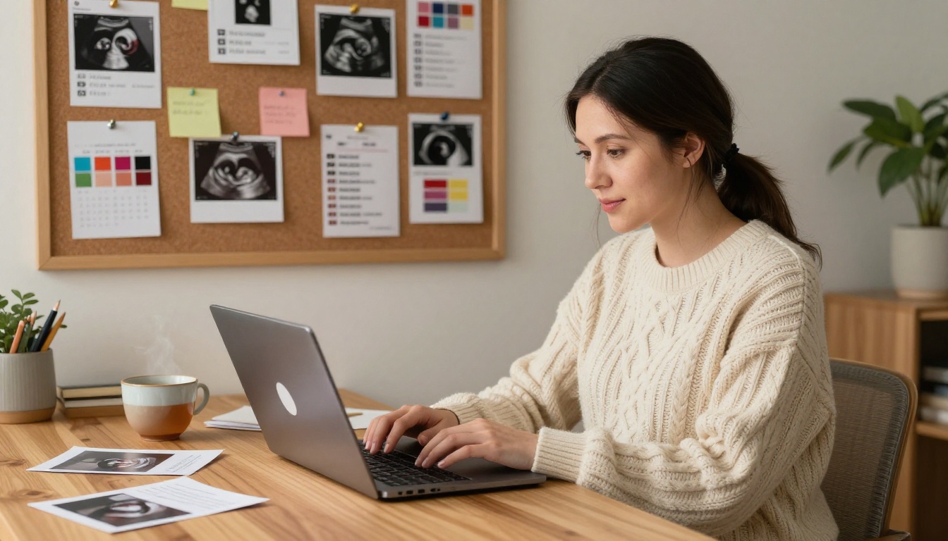 A pregnant woman at a light oak desk creating a digital pregnancy album on a laptop, surrounded by printed photos and sticky notes