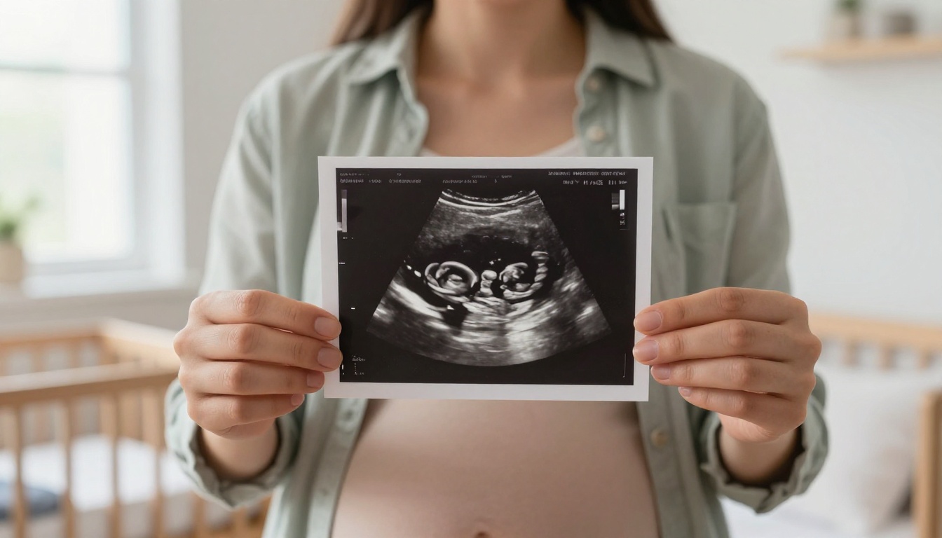 A pregnant woman holding up a black and white ultrasound printout against soft window light in a nursery in progress