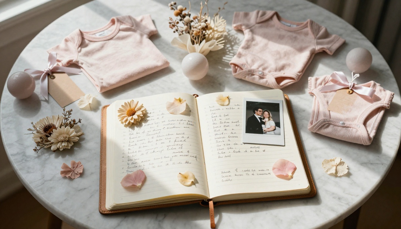 A pregnancy journal open on a marble table surrounded by baby shower decorations, dried flowers, polaroids, and tiny folded onesies A pregnancy journal open on a marble table surrounded by baby shower decorations, dried flowers, polaroids, and tiny folded onesies