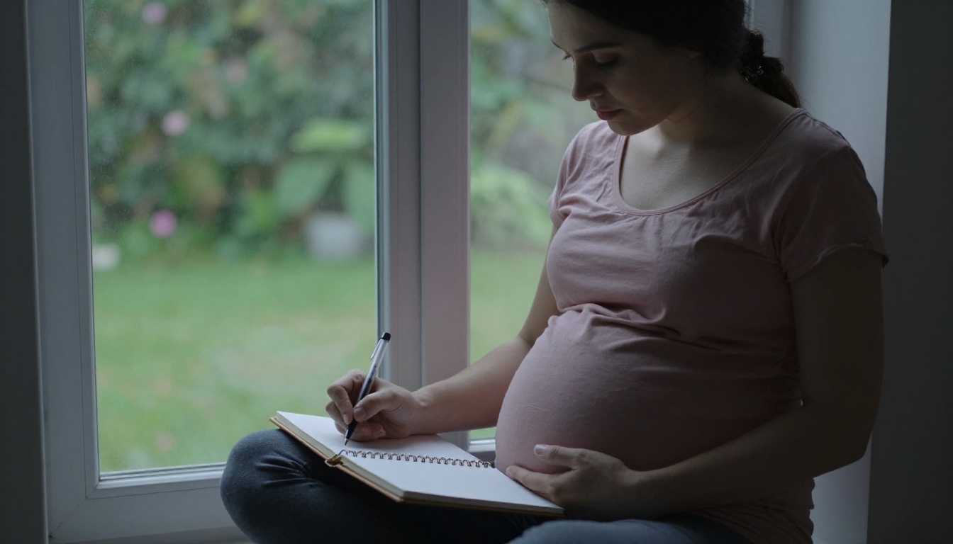 A pregnant woman writing in a journal by a large window with soft morning light and garden visible through the glass A pregnant woman writing in a journal by a large window with soft morning light and garden visible through the glass
