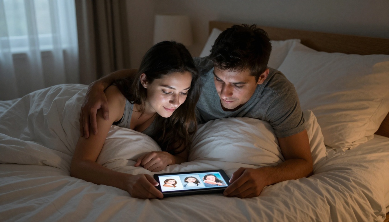 A couple lying side by side on white linen sheets, looking at pregnancy milestone photos on a tablet in warm evening light A couple lying side by side on white linen sheets, looking at pregnancy milestone photos on a tablet in warm evening light