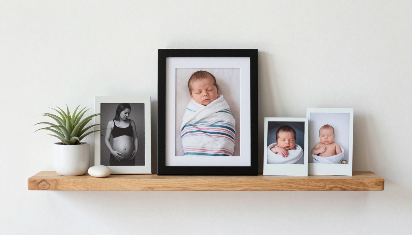 Wooden floating shelf displaying a curated mix of framed pregnancy and newborn photos with air plants and ceramic decor Wooden floating shelf displaying a curated mix of framed pregnancy and newborn photos with air plants and ceramic decor