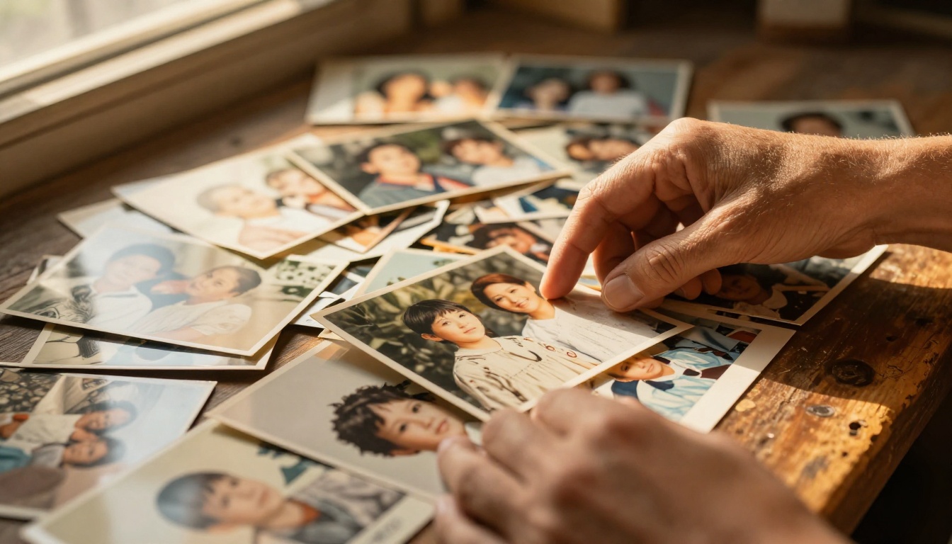 Hands sorting through a pile of printed family reunion photographs on a wooden table