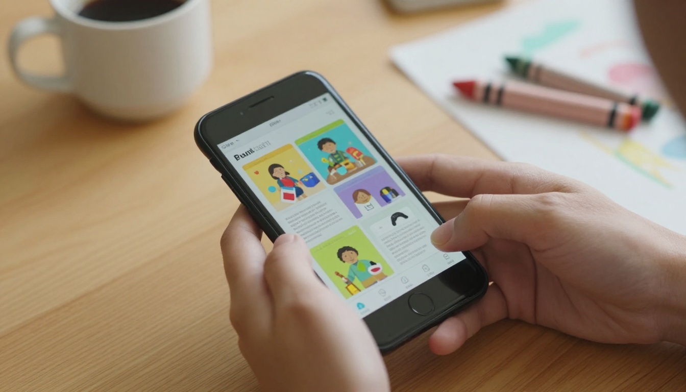 Parent at kitchen table using smartphone to read an interactive daycare newsletter flipbook