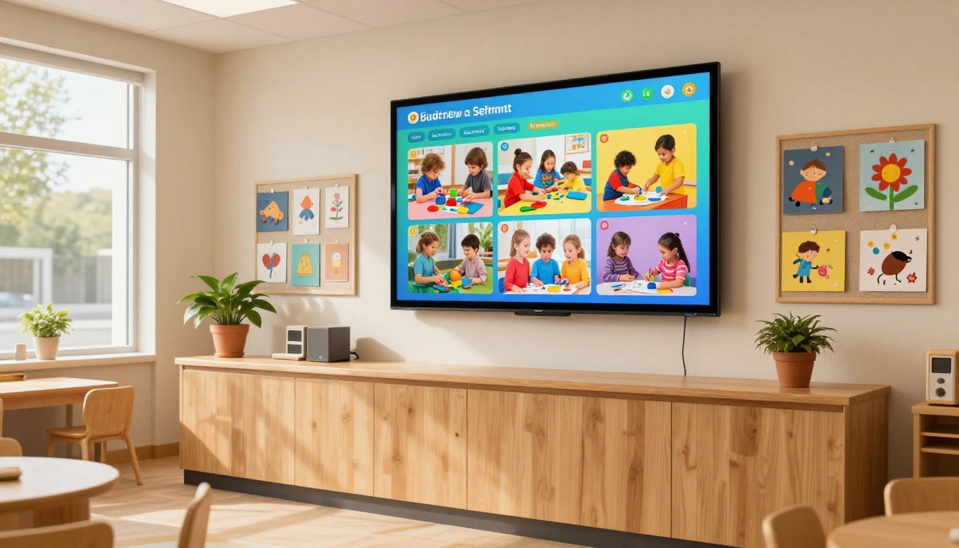 Wide shot of daycare reception area with digital display showing a colorful interactive flipbook newsletter