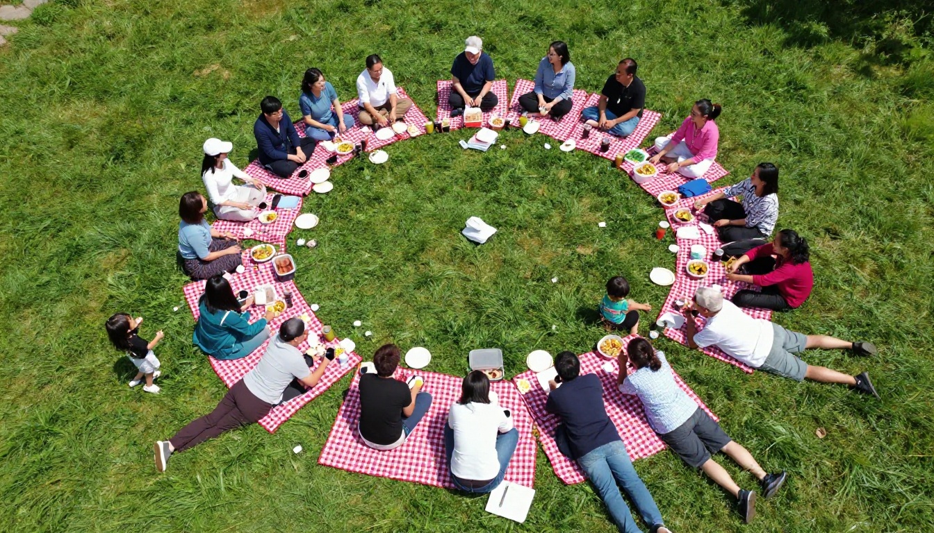 Aerial view of family reunion picnic on red-and-white checkered blanket in green grass