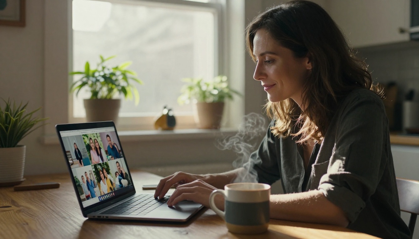Woman at kitchen table smiling at laptop with family reunion photos on screen