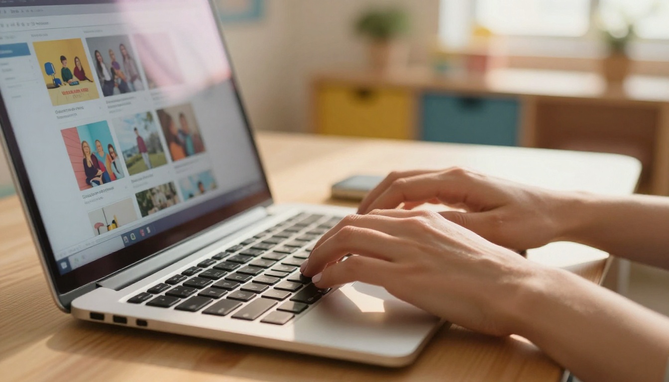 Close-up of hands typing on a laptop showing a drag-and-drop newsletter design interface