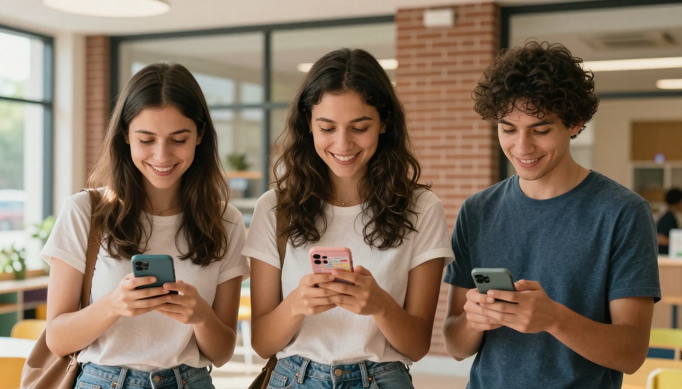 A group of smiling parents standing outside a daycare center, each reading the digital newsletter on their smartphones