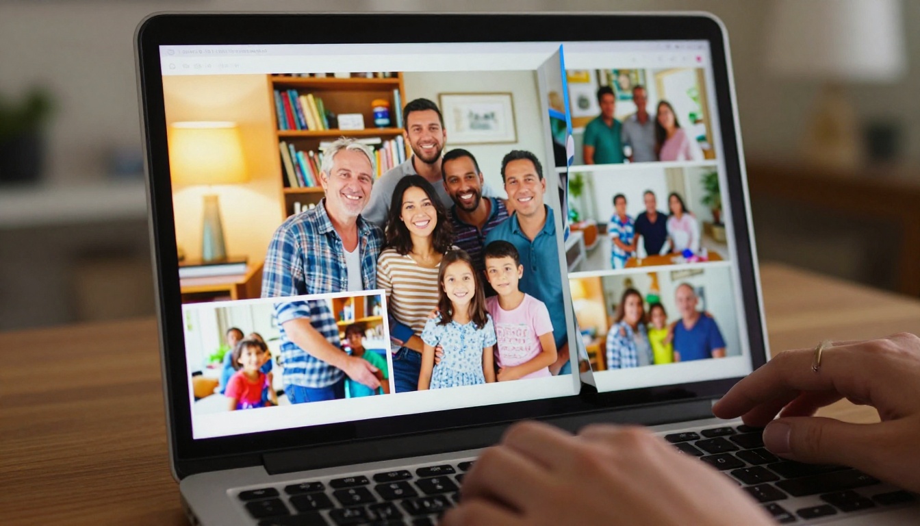 Digital flipbook on laptop screen with colorful family reunion photos mid-page-turn