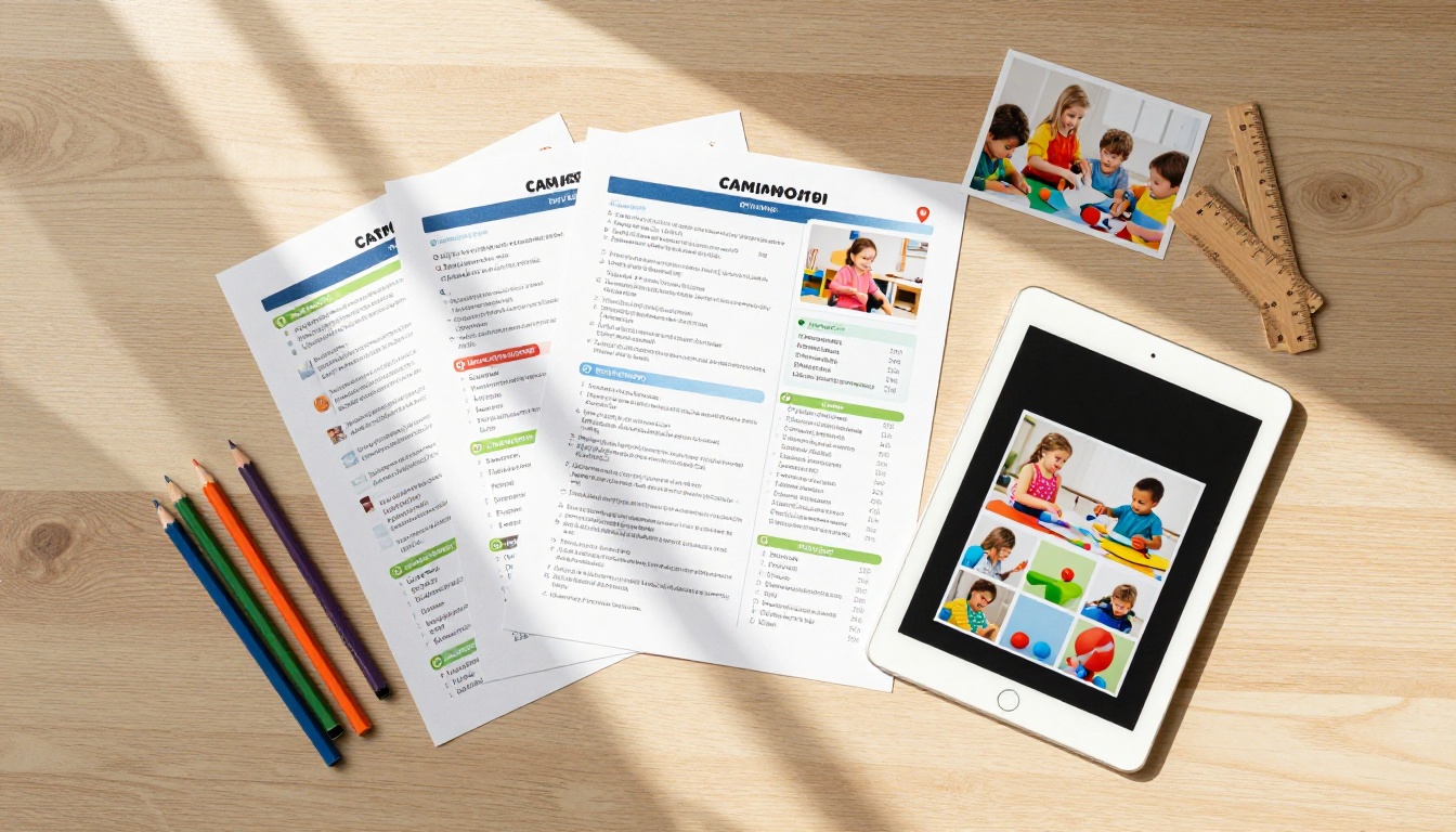 Overhead flat-lay of printed daycare newsletters and a tablet showing the digital flipbook version side by side
