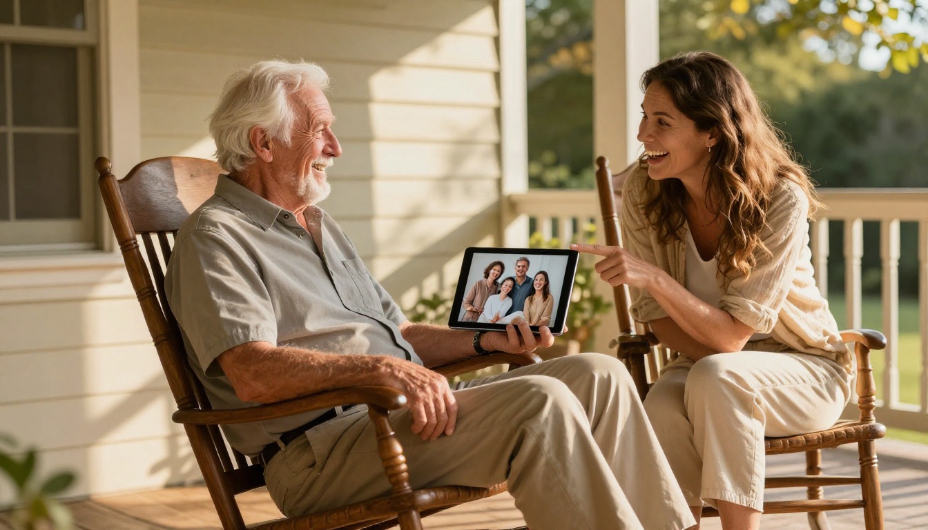 Grandfather and daughter on porch sharing tablet with family photos both laughing