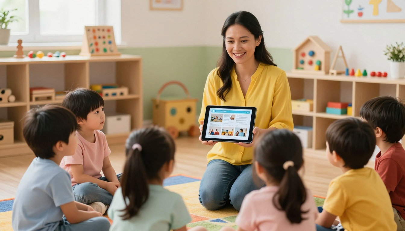 A female daycare teacher showing a tablet with digital newsletter to young children seated on a classroom rug