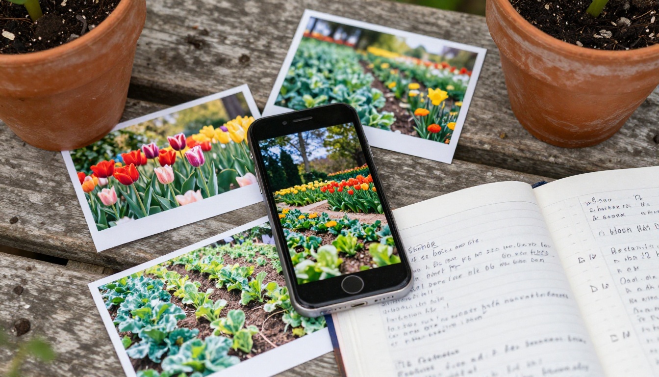 Smartphone and printed garden photographs organized on a wooden potting bench alongside a garden journal Smartphone and printed garden photographs organized on a wooden potting bench alongside a garden journal