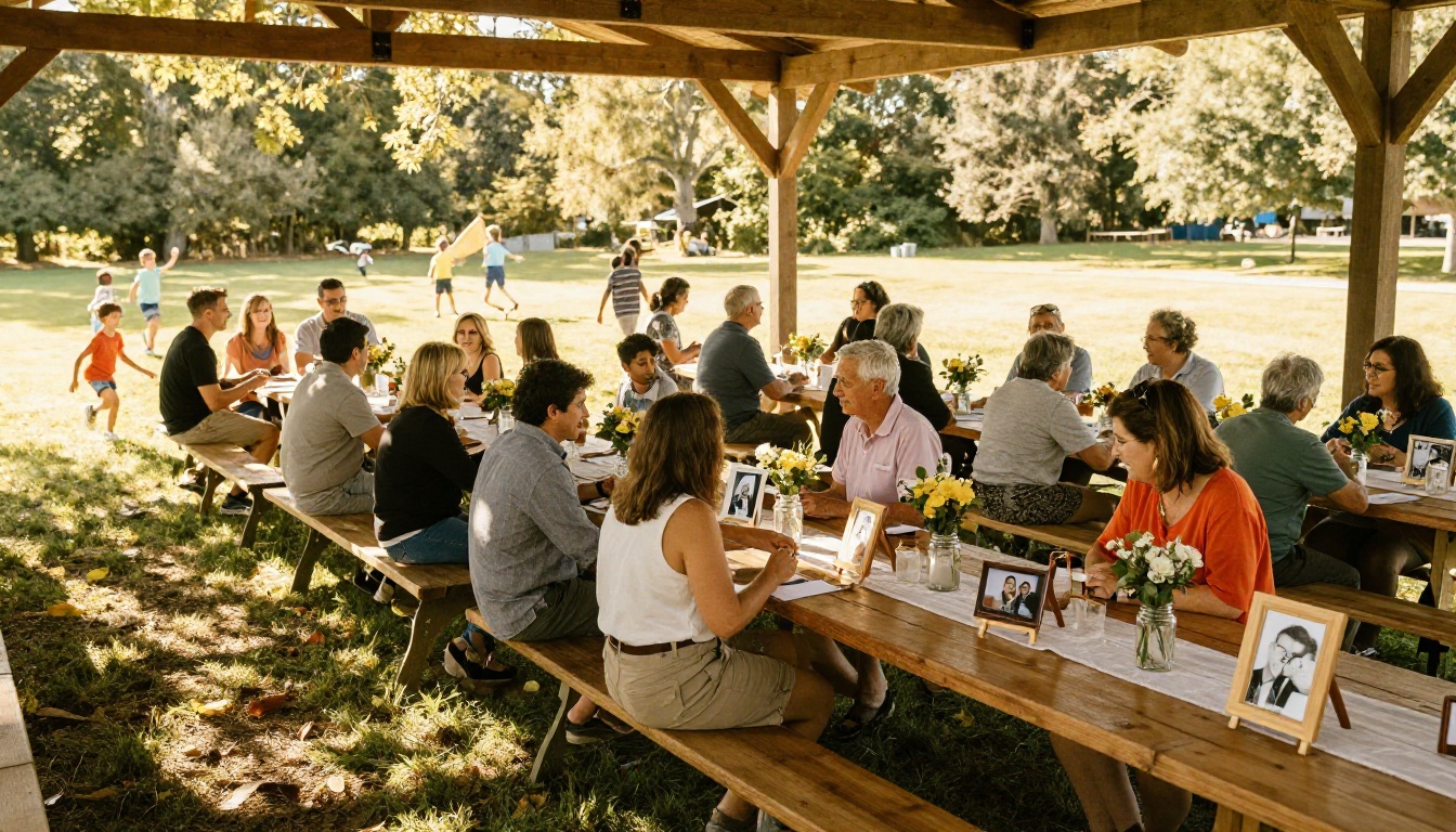 Wide outdoor family reunion under park pavilion with decorations and families mingling in sunlight Wide outdoor family reunion under park pavilion with decorations and families mingling in sunlight