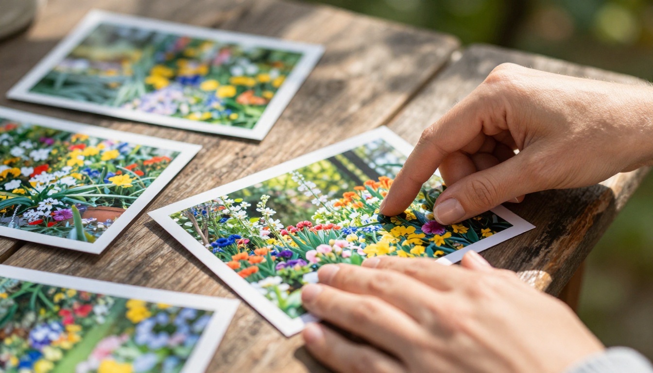Close-up of hands carefully arranging printed garden photographs on a wooden table in sunlight Close-up of hands carefully arranging printed garden photographs on a wooden table in sunlight