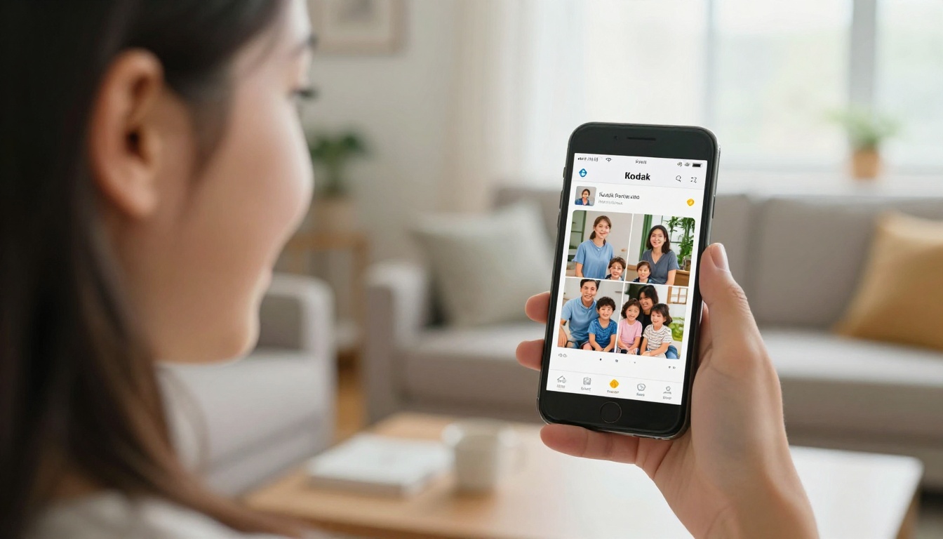 Teenage girl smiling at smartphone showing digital flipbook with family photos mid-animation Teenage girl smiling at smartphone showing digital flipbook with family photos mid-animation