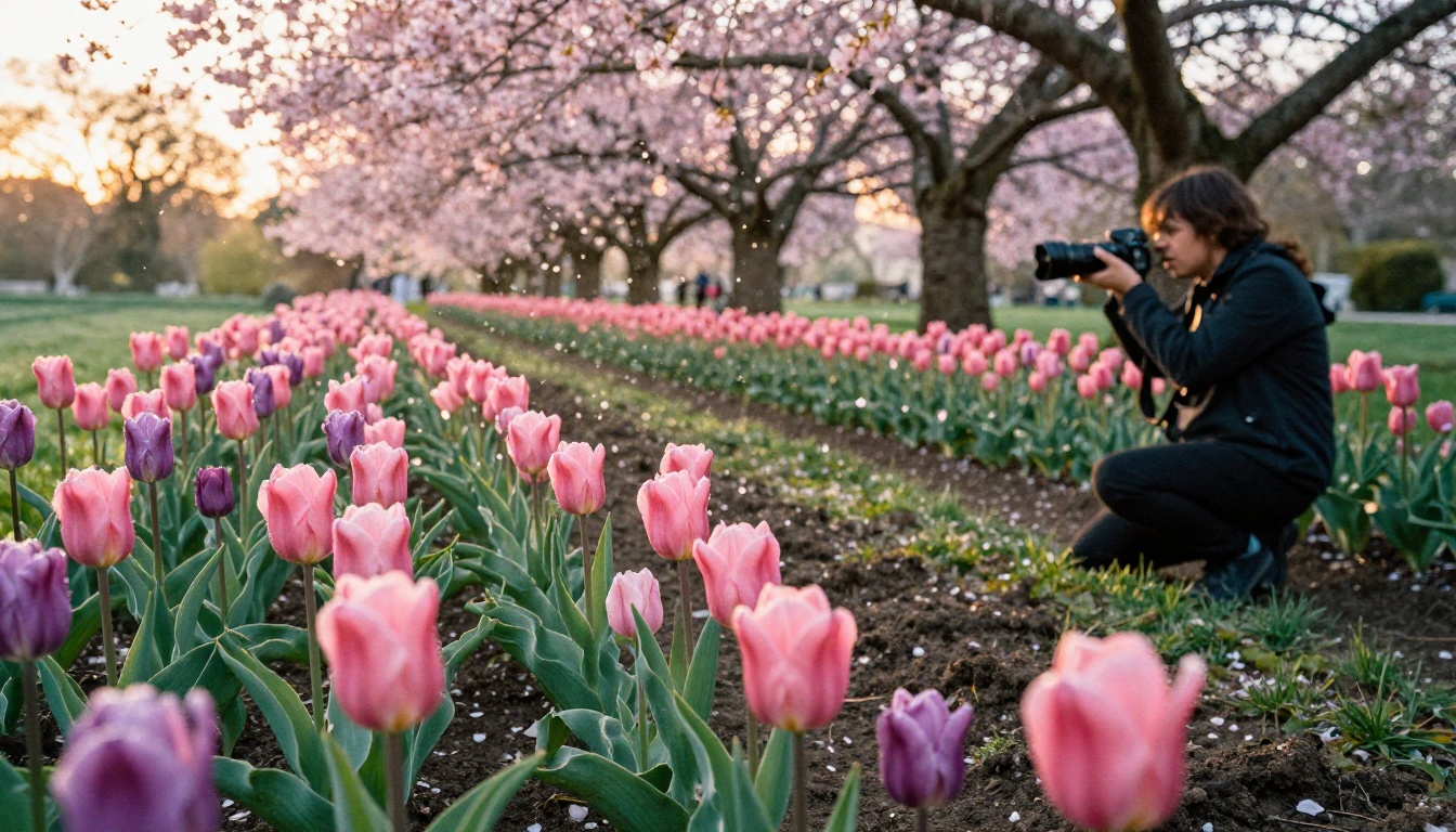 Vibrant spring garden at golden hour with rows of pink tulips and a photographer framing the scene Vibrant spring garden at golden hour with rows of pink tulips and a photographer framing the scene