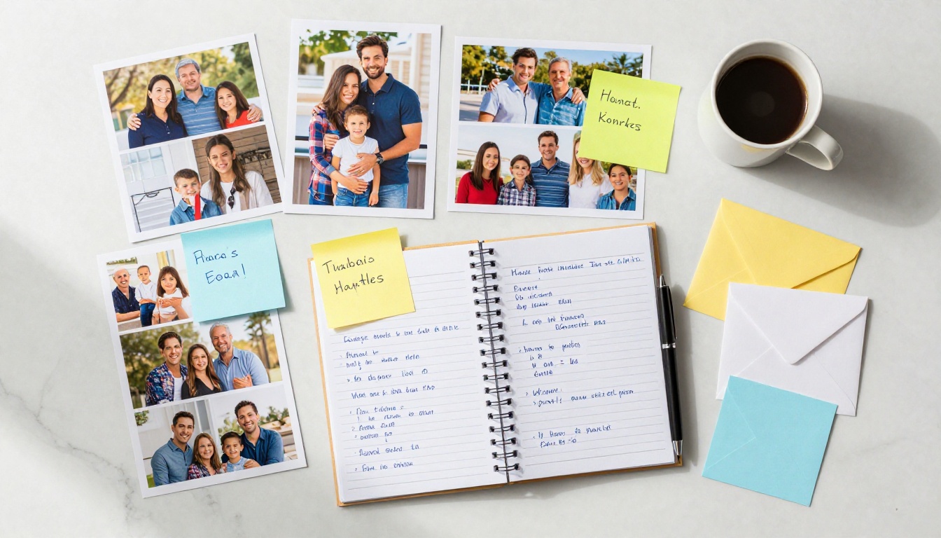 Flat lay overhead of family reunion planning materials notebooks photos sticky notes on white marble Flat lay overhead of family reunion planning materials notebooks photos sticky notes on white marble