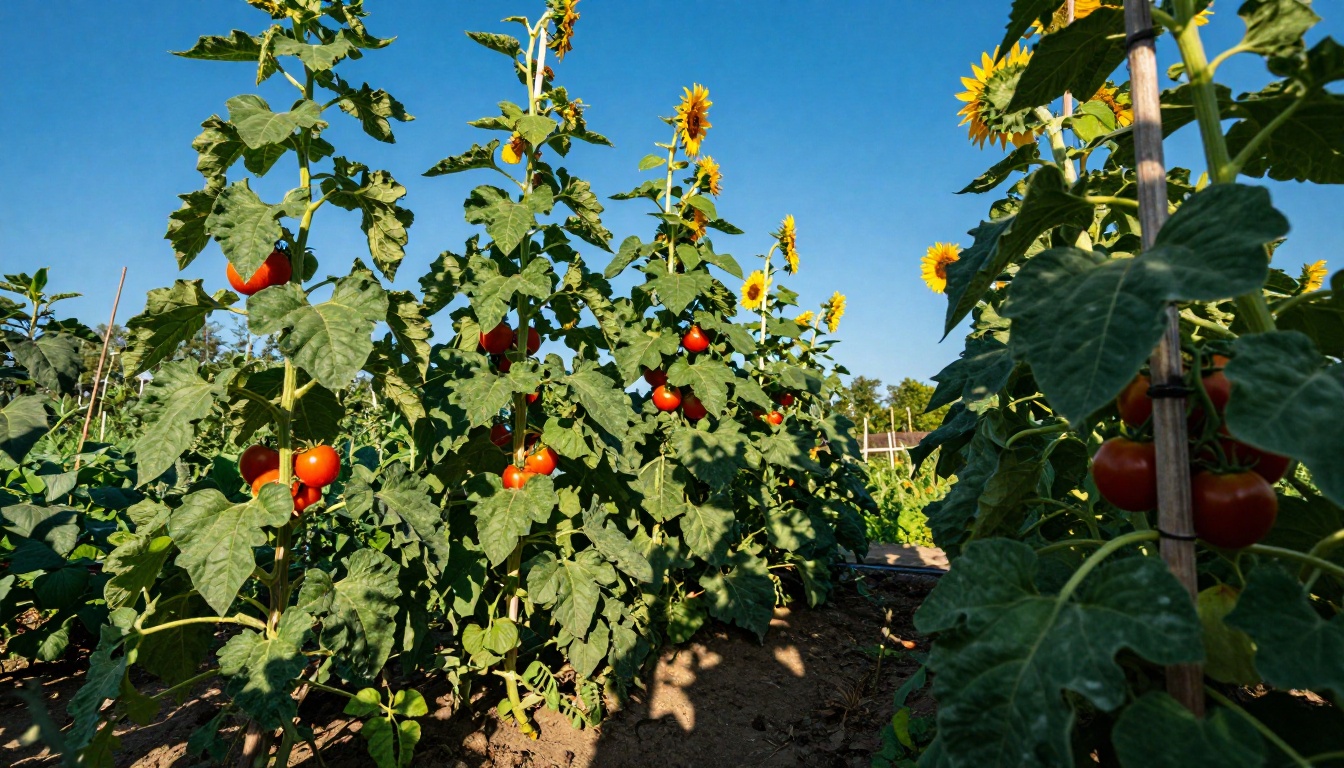 Dense summer vegetable garden with ripe red tomatoes on climbing vines and sunflowers against a blue sky Dense summer vegetable garden with ripe red tomatoes on climbing vines and sunflowers against a blue sky