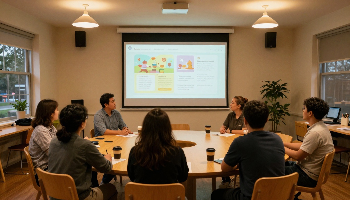 Wide shot of a cozy parent meeting room with a projector screen showing a digital flipbook newsletter presentation
