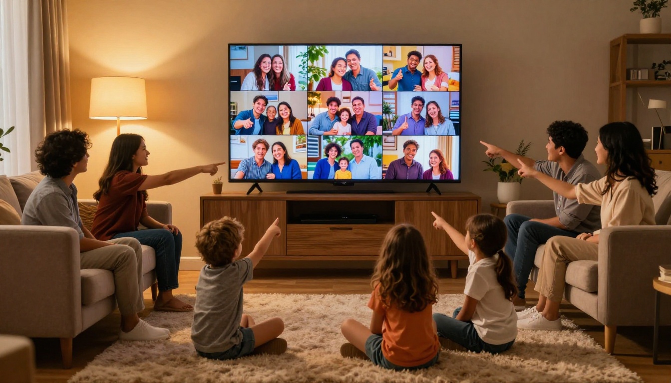 Family members gathered around TV watching family reunion photo slideshow in cozy living room Family members gathered around TV watching family reunion photo slideshow in cozy living room