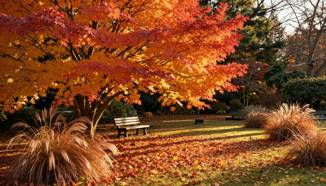 Spectacular autumn garden with a Japanese maple blazing in orange and crimson with fallen leaves across the lawn Spectacular autumn garden with a Japanese maple blazing in orange and crimson with fallen leaves across the lawn