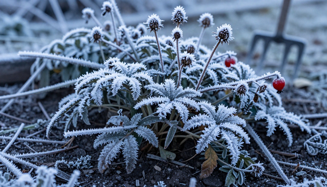 Winter garden bed covered in frost with delicate ice crystals on lavender stems and red rosehip berries Winter garden bed covered in frost with delicate ice crystals on lavender stems and red rosehip berries