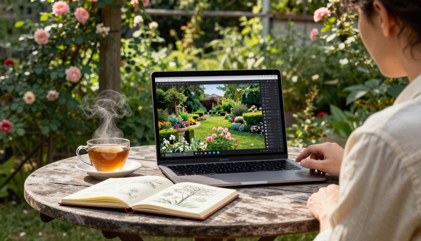 Person sitting at an outdoor garden table working on a laptop with a flipbook visible on screen Person sitting at an outdoor garden table working on a laptop with a flipbook visible on screen