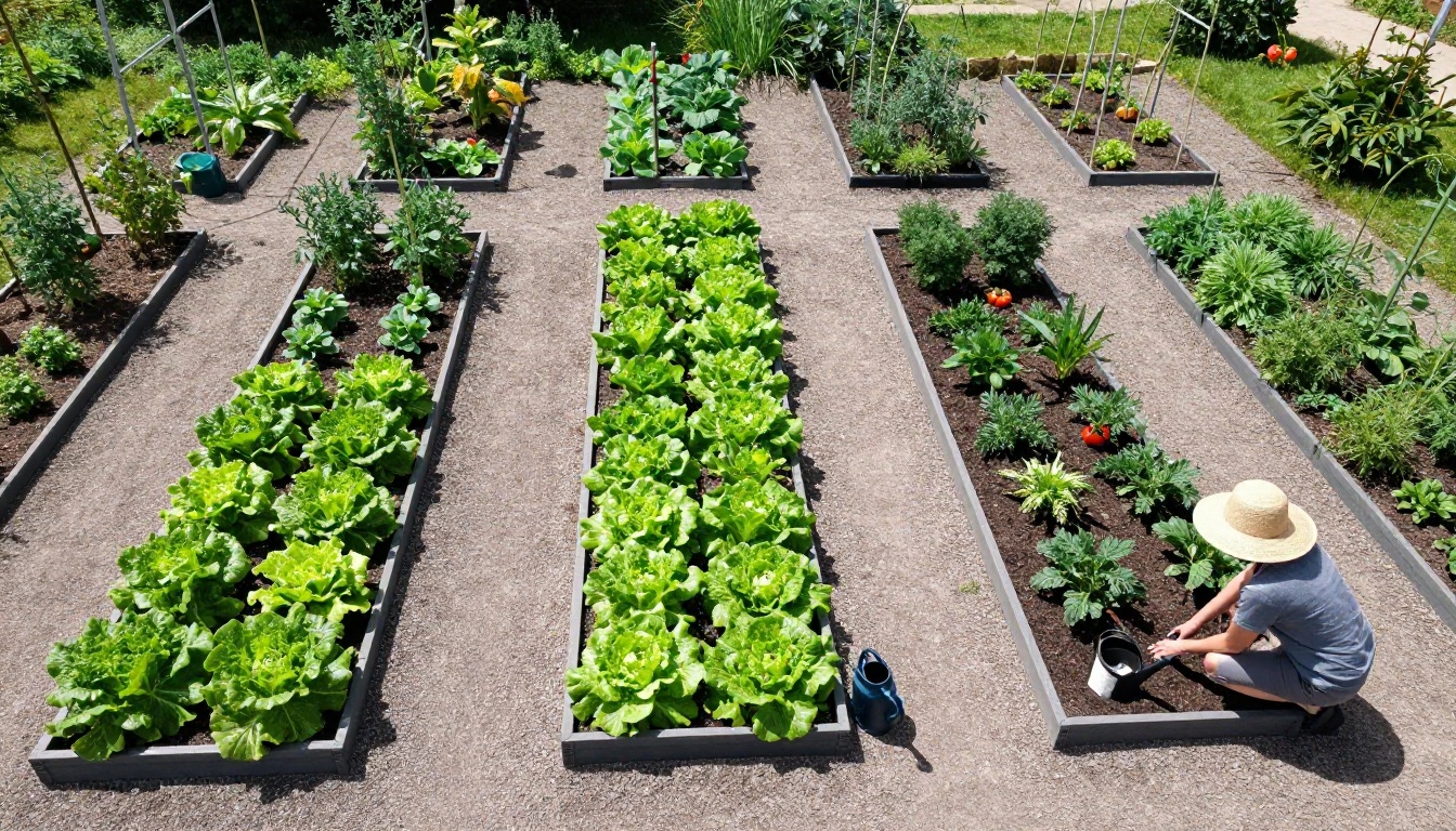 Aerial view of a raised-bed vegetable garden in summer with neat rows of crops and a gardener tending a bed Aerial view of a raised-bed vegetable garden in summer with neat rows of crops and a gardener tending a bed