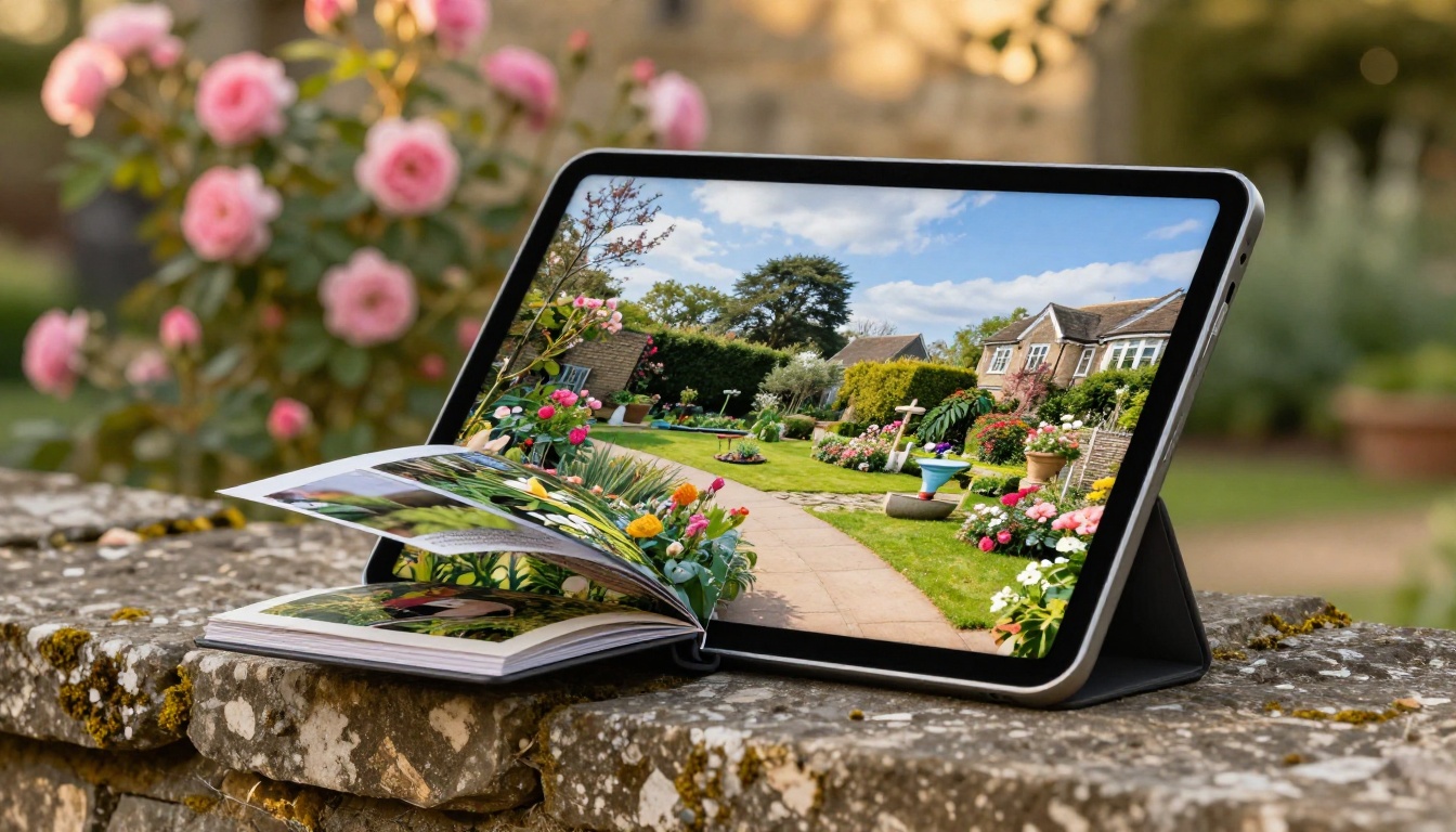Tablet showing an open garden flipbook with page-turn animation resting on a mossy garden wall Tablet showing an open garden flipbook with page-turn animation resting on a mossy garden wall
