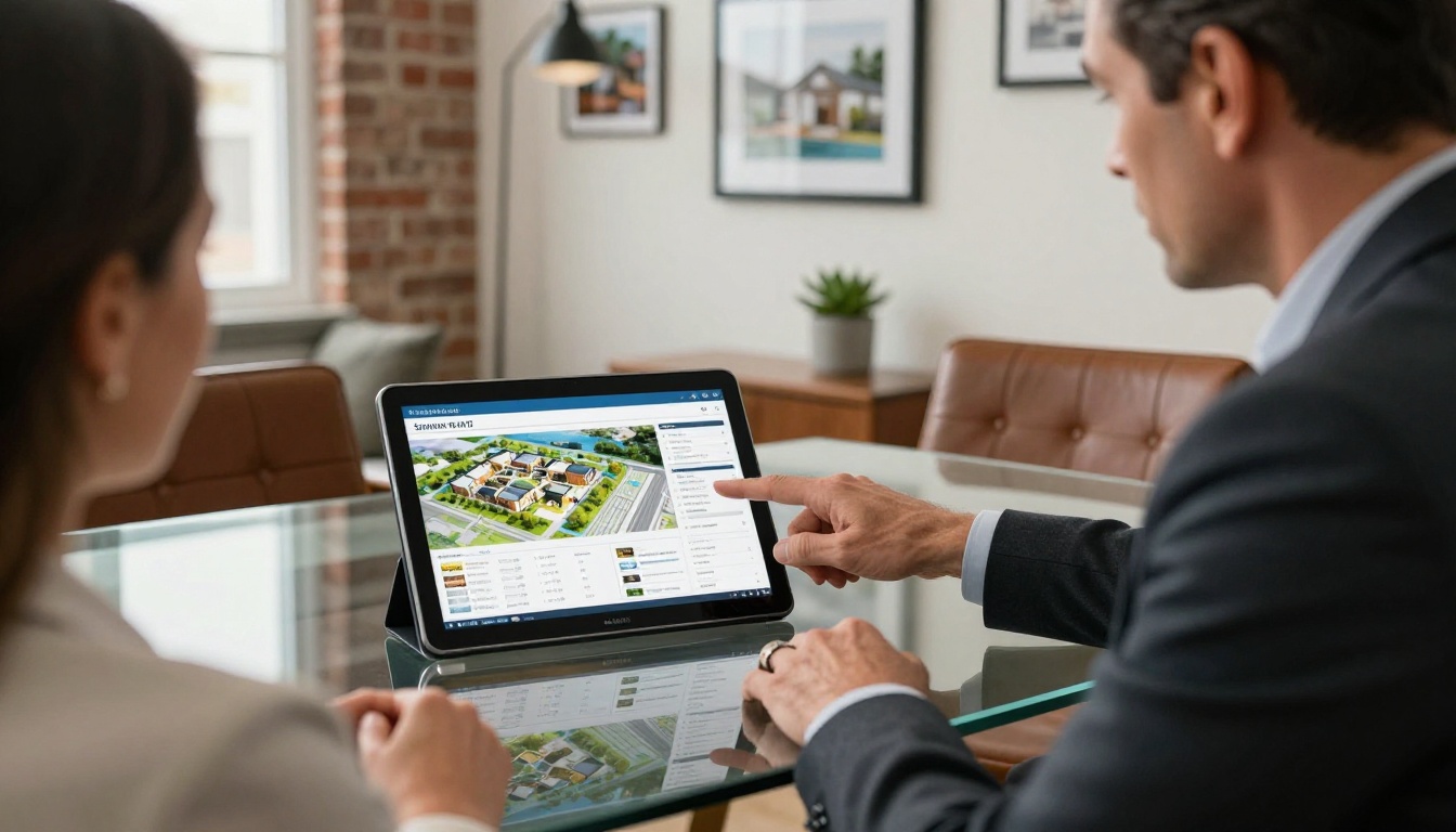Real estate agent presenting interactive property flipbook to clients at conference table