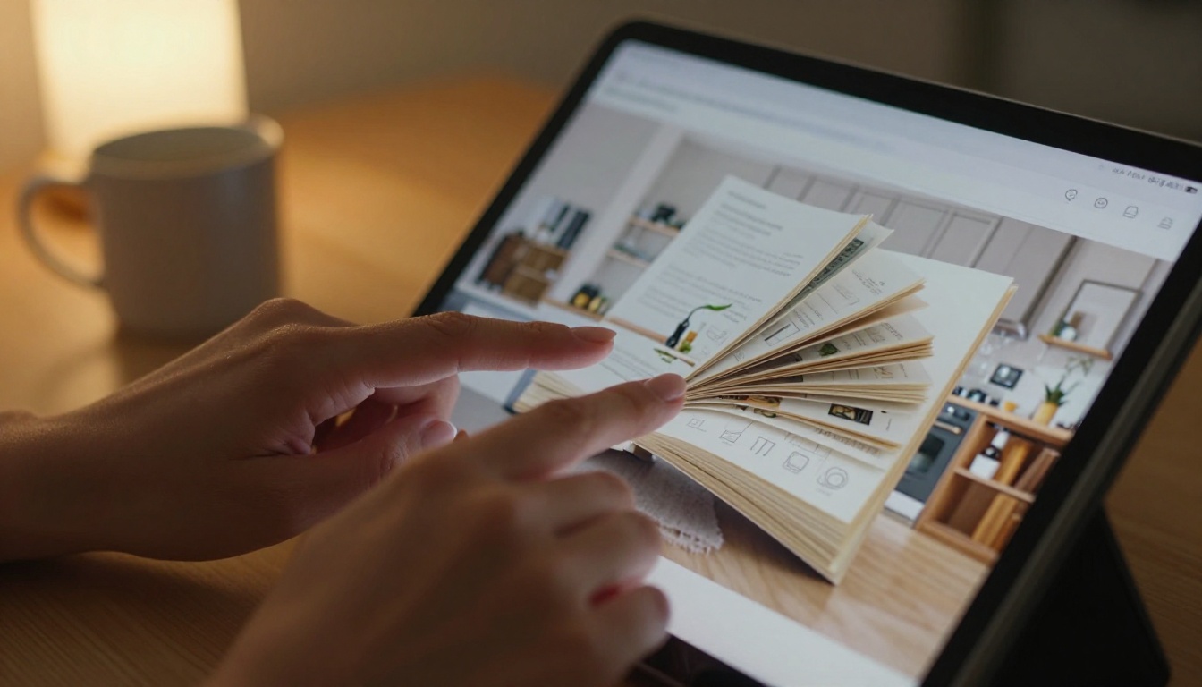 Close-up of hands swiping through an interactive real estate flipbook on an iPad screen