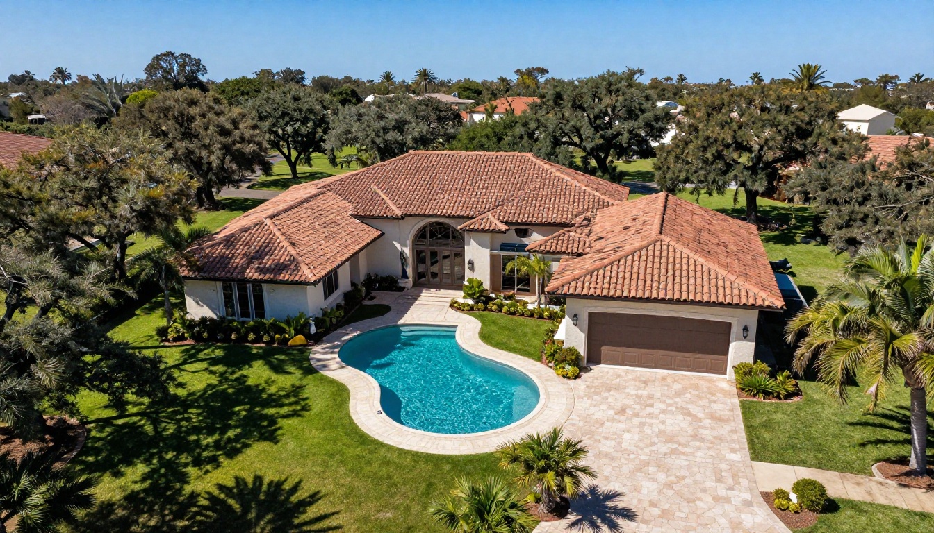 Aerial view of a luxury home with pool and manicured grounds, the type featured in premium real estate flipbooks