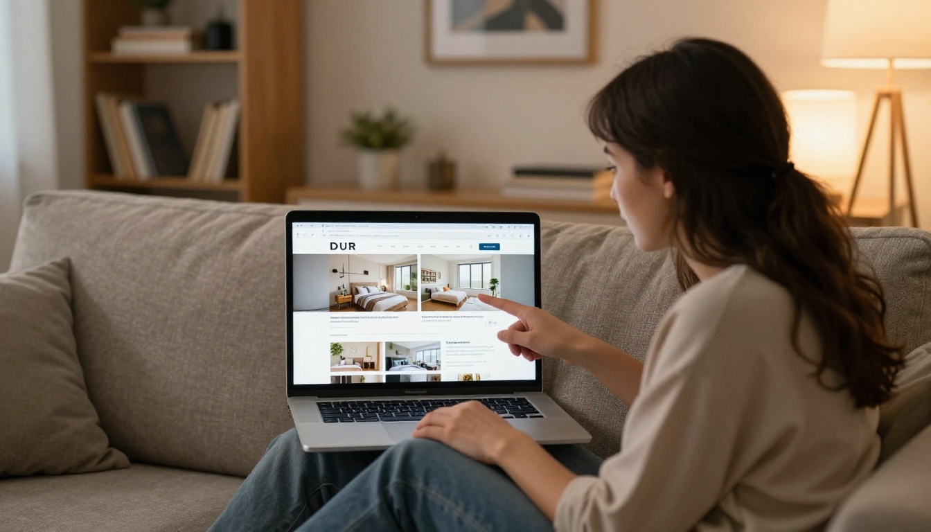 Young couple reviewing a real estate property flipbook together on a laptop in their home