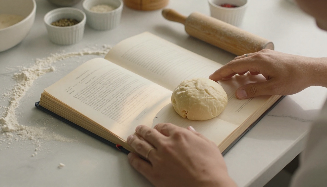 Chef's hands turning pages of a recipe flipbook on a flour-dusted marble prep surface Chef's hands turning pages of a recipe flipbook on a flour-dusted marble prep surface