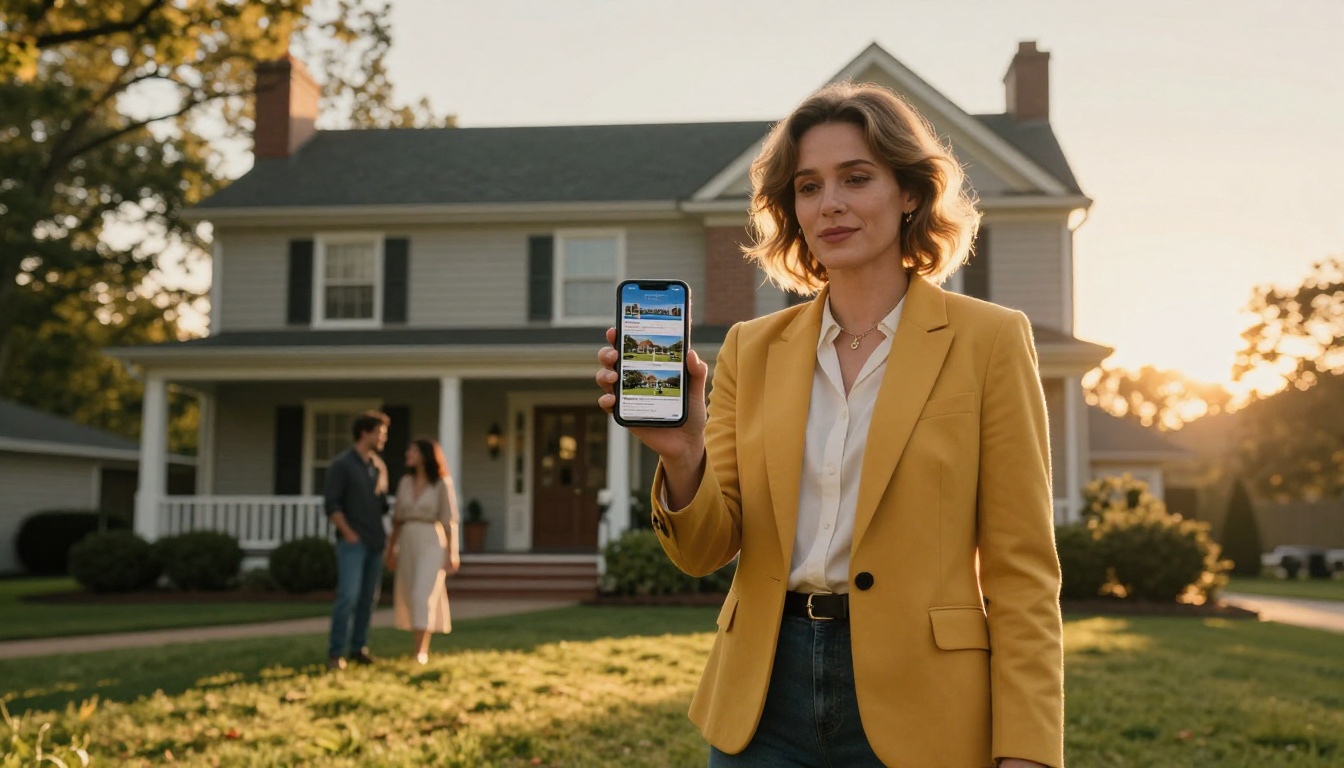 Female real estate agent showing a property flipbook on her smartphone to a couple outside a colonial-style home at golden hour