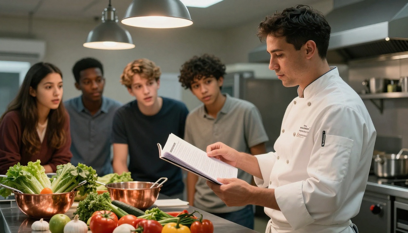 Cooking class instructor presenting a recipe flipbook to attentive students in a professional teaching kitchen Cooking class instructor presenting a recipe flipbook to attentive students in a professional teaching kitchen