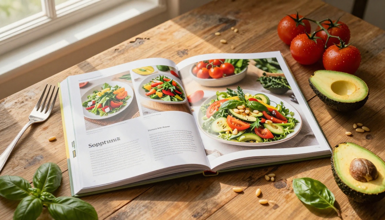 Flat lay of a beautifully designed recipe book surrounded by fresh ingredients including avocado, tomatoes, pine nuts, and basil Flat lay of a beautifully designed recipe book surrounded by fresh ingredients including avocado, tomatoes, pine nuts, and basil