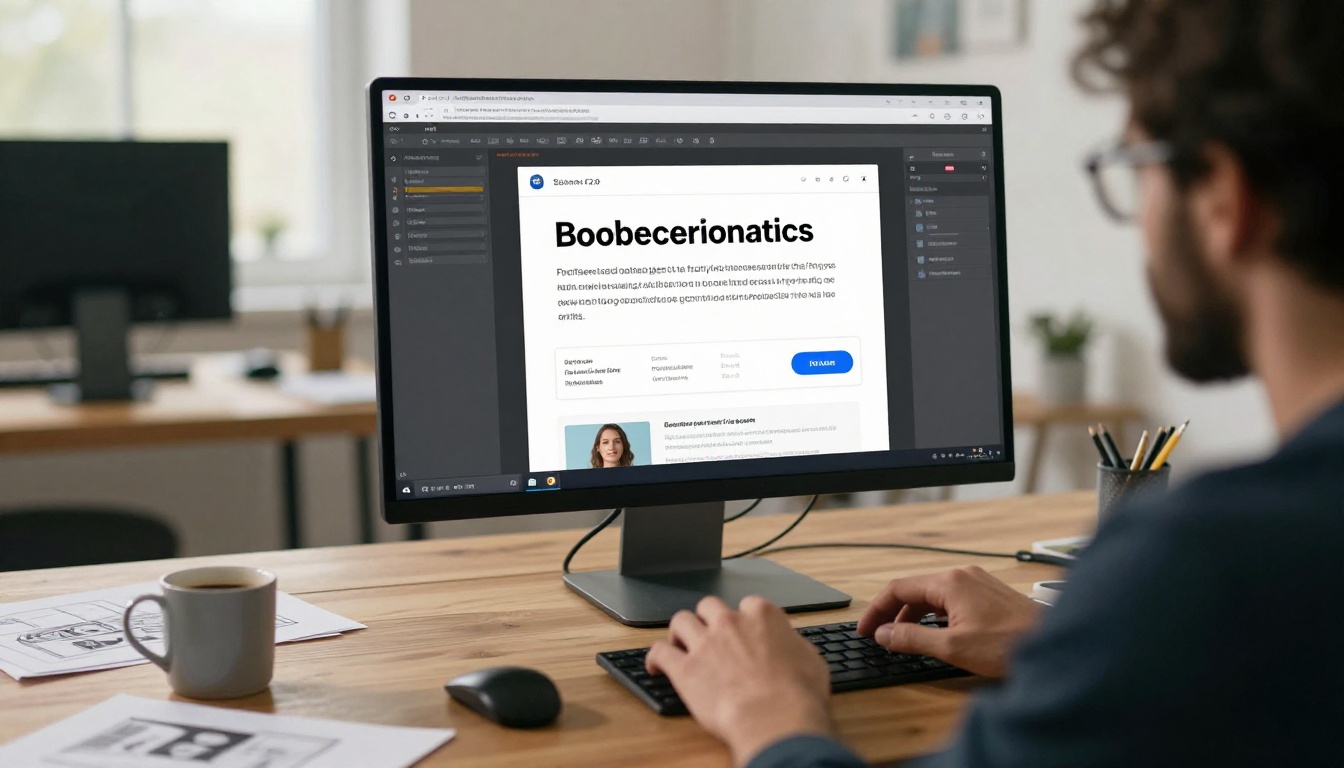 A graphic designer at a modern wooden desk working on a flipbook interface with a logo upload panel open on a large monitor