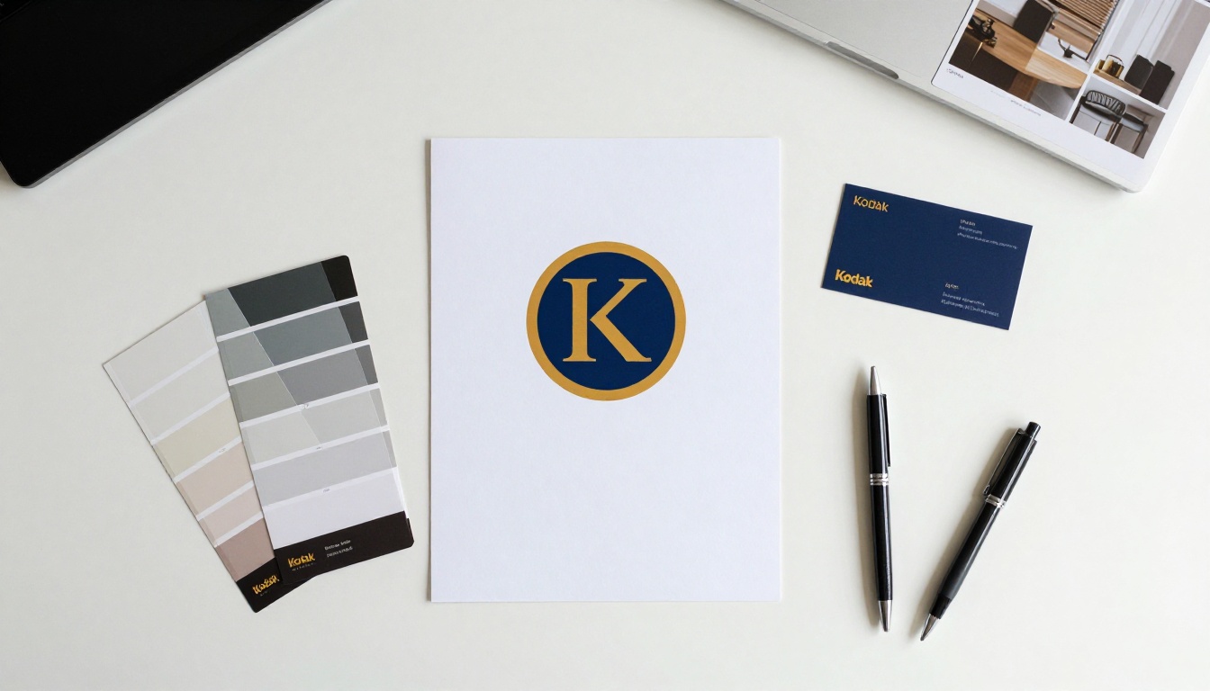 Aerial flat lay of branding materials including logo printout, color swatches, business card and open laptop on a clean white desk