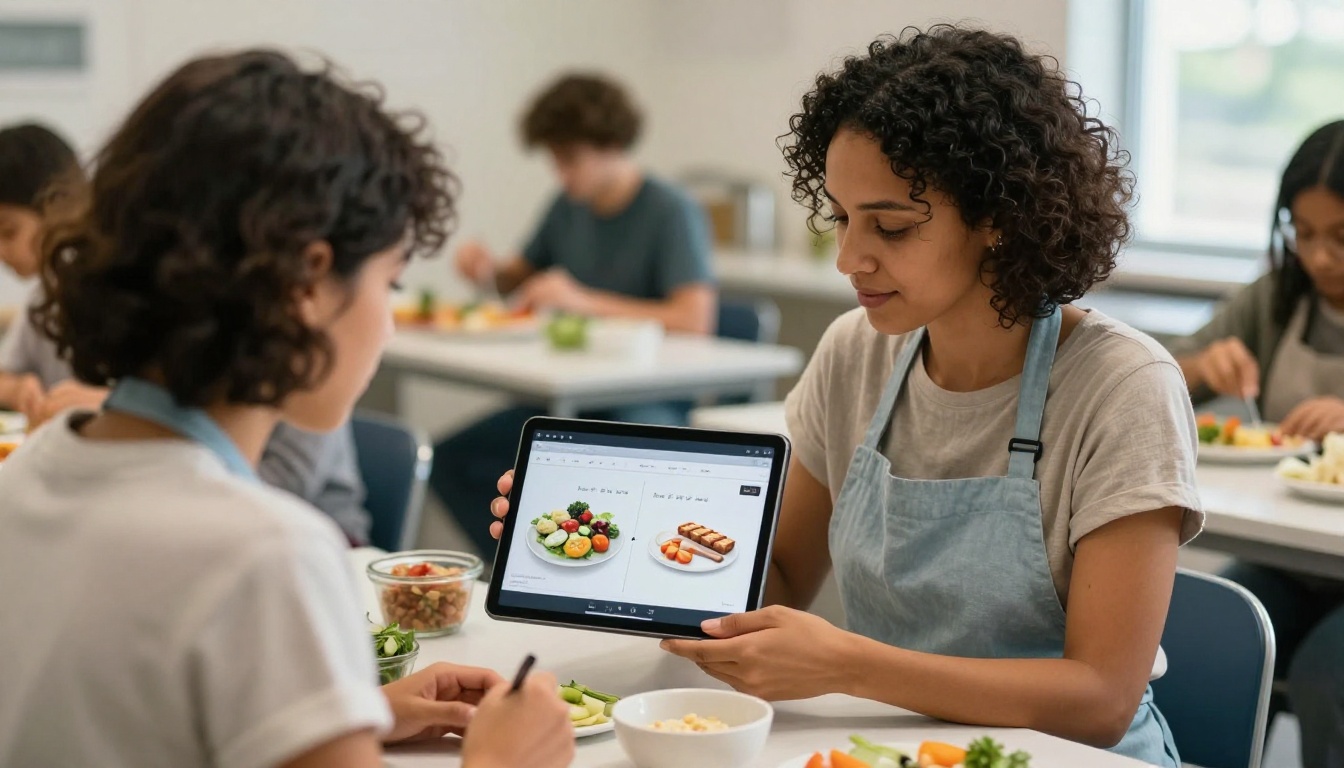 Cooking class student at kitchen workstation using a tablet to view a digital recipe flipbook Cooking class student at kitchen workstation using a tablet to view a digital recipe flipbook
