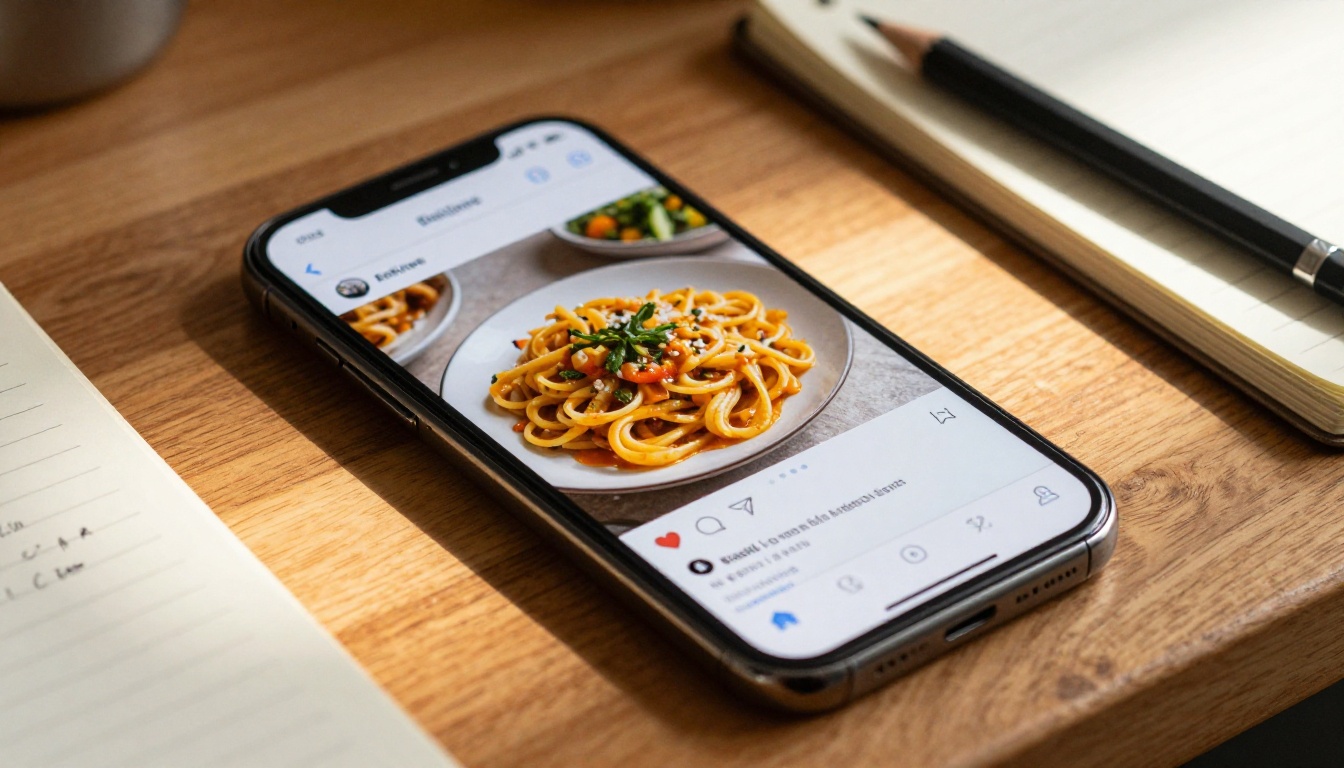 Digital recipe flipbook displayed on a smartphone resting on a warm oak wood kitchen counter