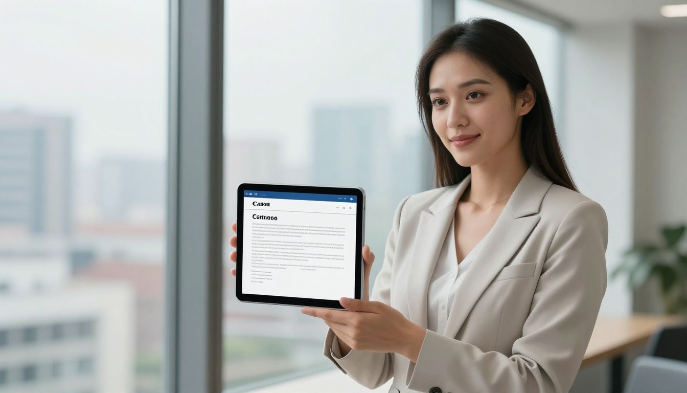 A young professional woman holding a tablet showing a branded flipbook with company logo, standing near a floor-to-ceiling window with a soft city skyline backdrop A young professional woman holding a tablet showing a branded flipbook with company logo, standing near a floor-to-ceiling window with a soft city skyline backdrop