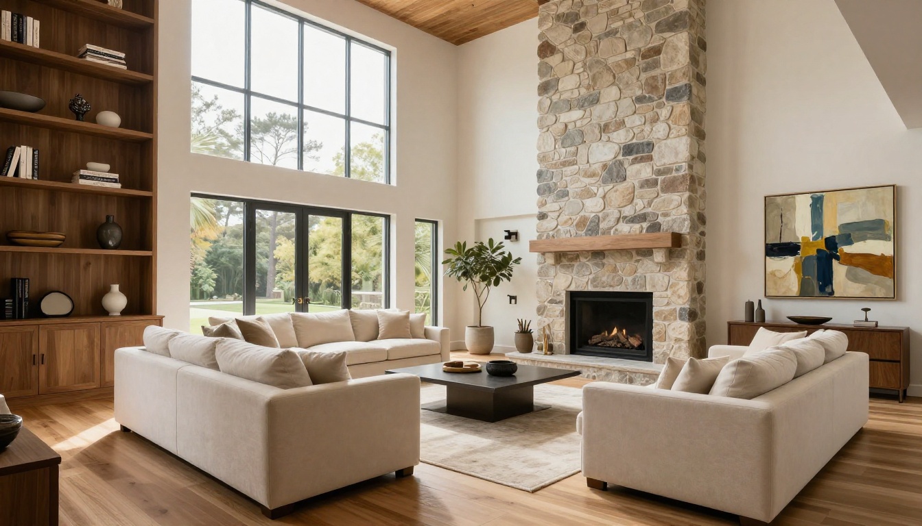 Stunning luxury living room with stone fireplace and soaring ceilings, the type of interior featured in premium property flipbooks Stunning luxury living room with stone fireplace and soaring ceilings, the type of interior featured in premium property flipbooks
