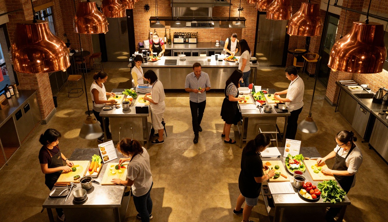 Aerial view of a professional cooking class in session with eight students at individual prep stations Aerial view of a professional cooking class in session with eight students at individual prep stations