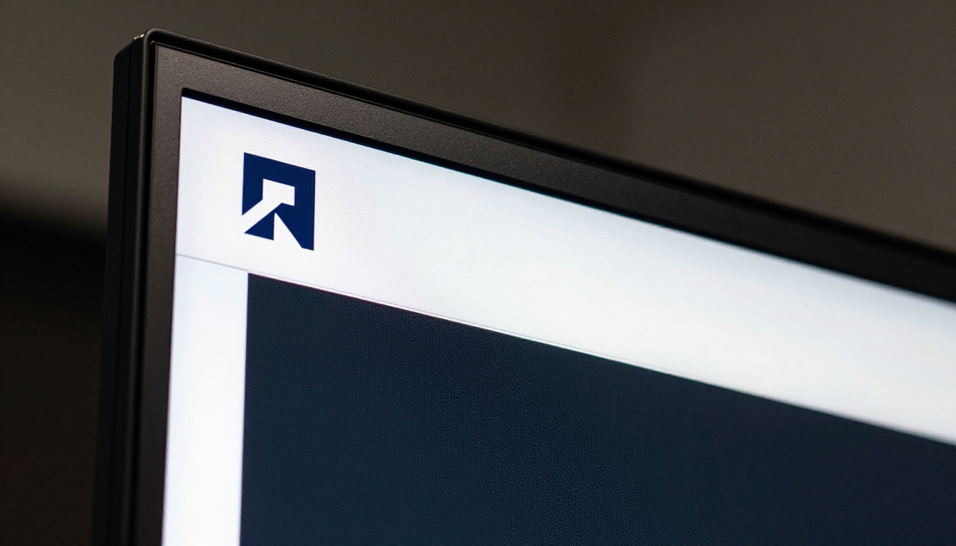 Close-up macro of a flipbook page header with a crisp navy company logo in the top-left corner on a high-resolution monitor