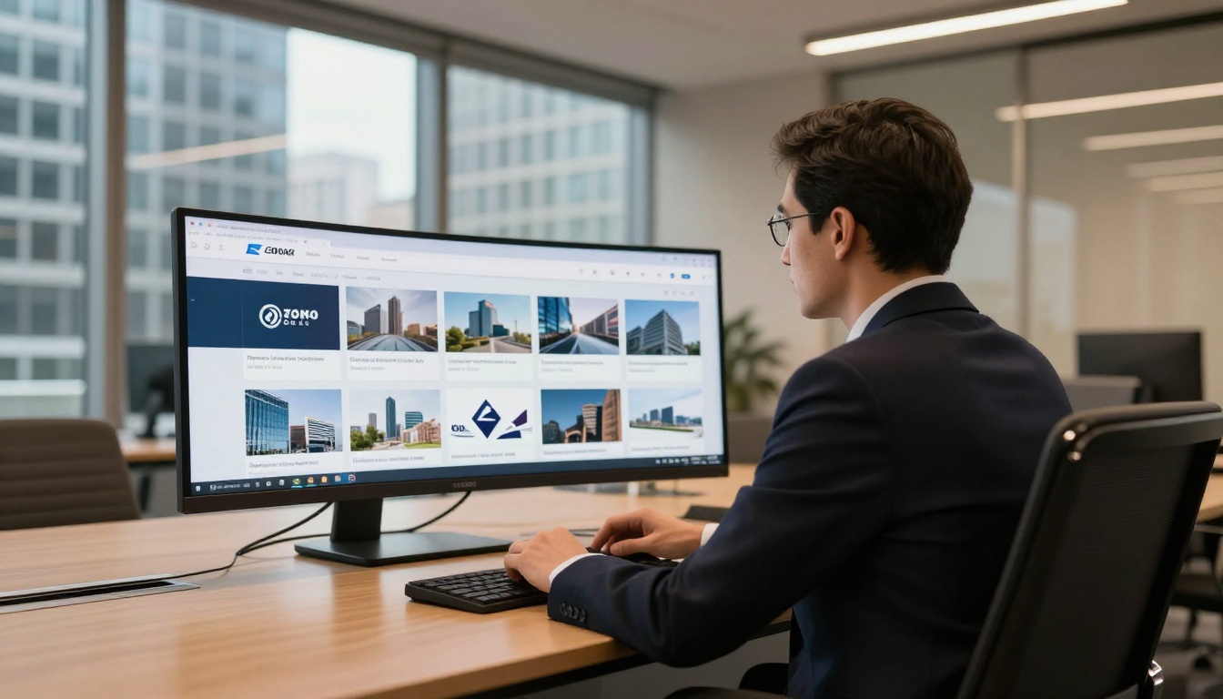 A professional reviewing a branded digital catalog on a large monitor in a modern office with city view through glass walls