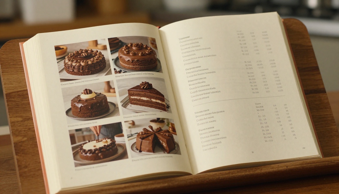 Open recipe flipbook resting on a wooden lectern stand in a teaching kitchen, warm directional window light raking across the paper texture